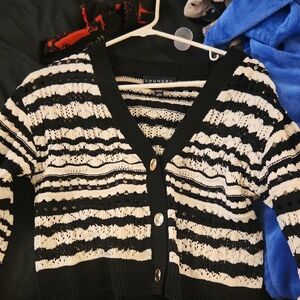 Laundry By Shelli Segal Black and White Striped Cardigan Sweater